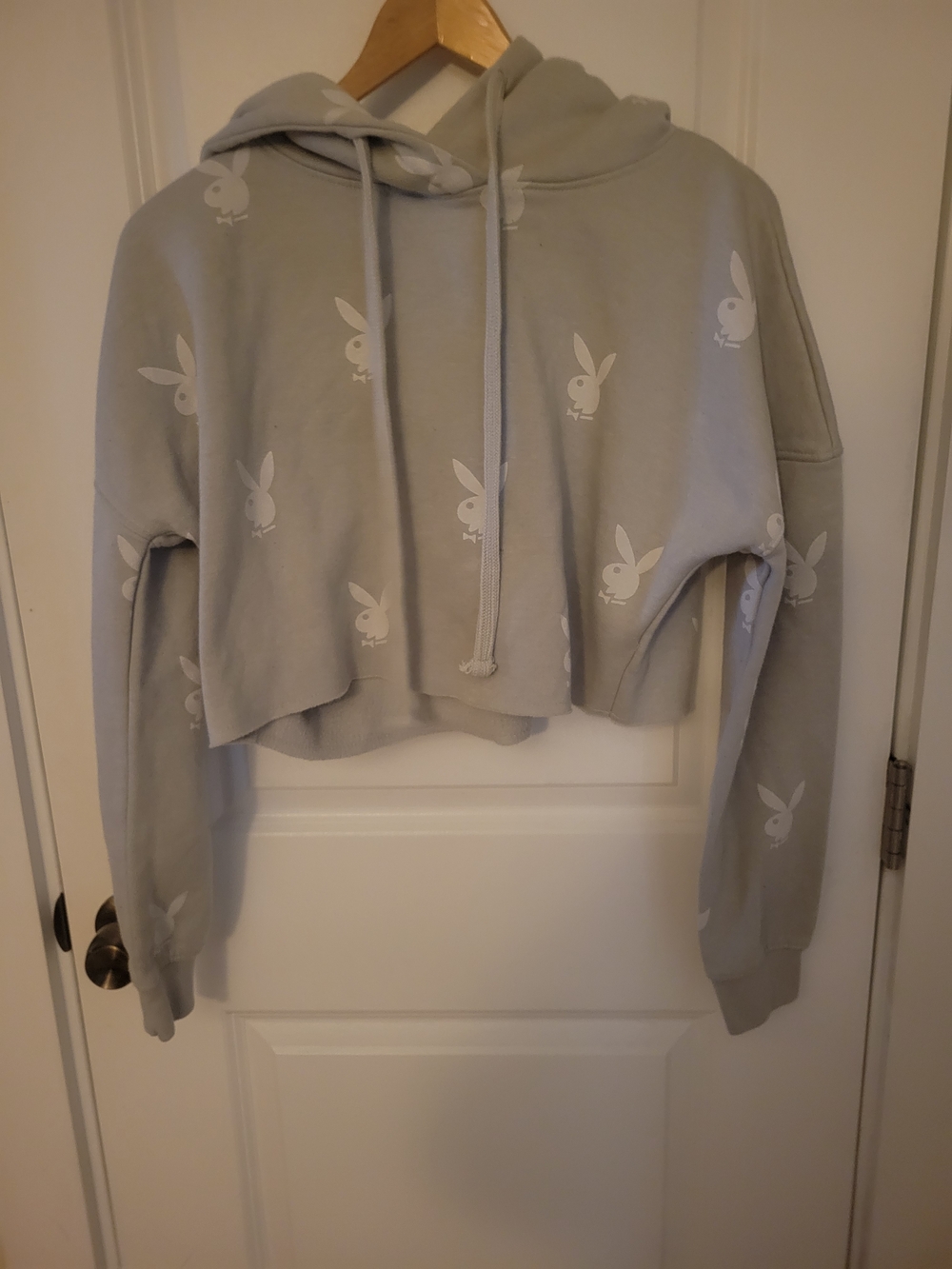 PLAYBOY Cropped Hoodie in Light Gray with White Bunny Print